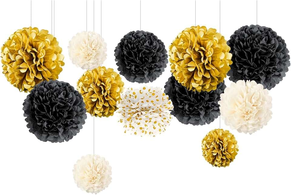 NICROLANDEE Schwarzgold Partydekorationen 12 PCS Seidenpapier Pompons