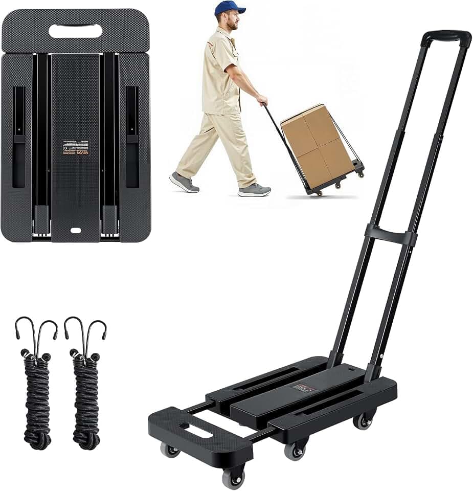 VEVOR Sackkarre klappbar, 227 kg Tragkraft, Transportkarre mit 6 Rädern, 2 elastischen Seilen & erweiterbarer Basis, Transportwagen für Flughafen, Reisegepäck, Büroumzüge, Schwarz, 560x305x1010 mm