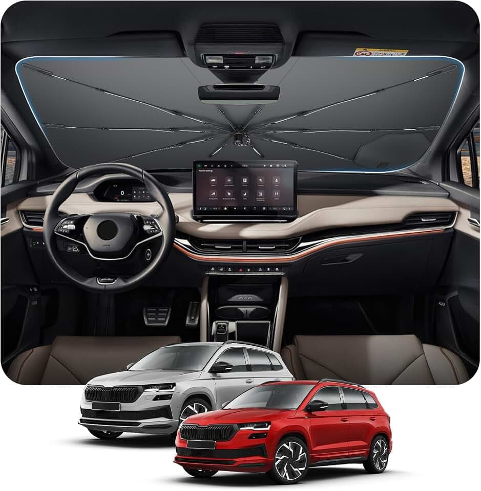 [2026 Upgrade] BSTW Kompatibel mit Skoda Karoq und Skoda Kamiq 2019-2026 Sonnenschutz für Frontscheibe, Automatisch Faltbar Pull-Cord-Sonnenschirm Fiberglas-Skelett UV-Schutz Hitzeschutz