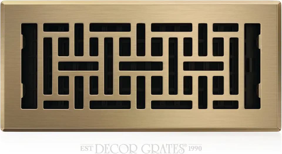 Decor Grates Metal Oriental Decorative Air Vent Cover 4x10 Floor Register – Adjustable Control Lever – AC Floor Vent Covers for Home Floor Vents – Fits 4 x 10 Inch Opening – Antique Brass (AJH410-A)