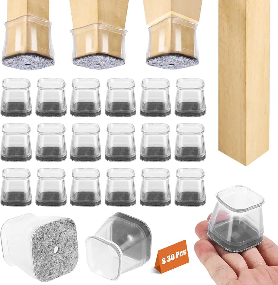 Stuhlbeinkappen Eckig, 30 Stück, Silikon Stuhlbeinkappen Schutzkappen mit Filz für Stuhlbeine, transparente Bodenschoner für Holzböden, Kratzschutz und Geräuschdämmung