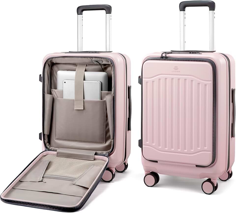 LOVEVOOK Carry On Luggage 22x14x9 Airline Approved, Expandable Hard Shell Suitcase with Spinner Wheels, USB Charging Port & Front Pocket, PC Hardside Rolling Luggage with TSA Lock for Travel,Pink