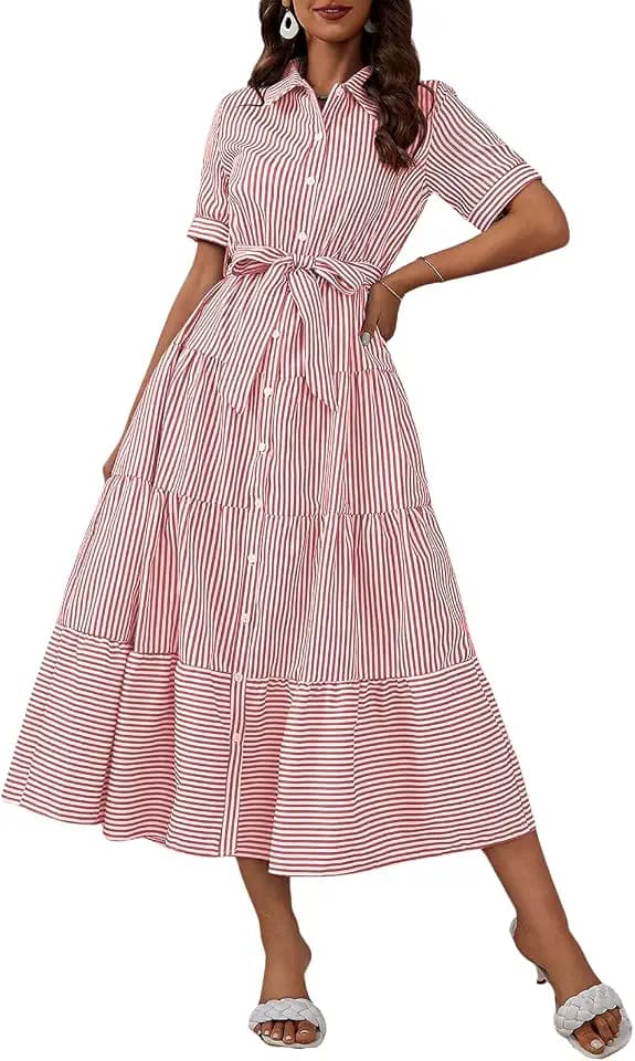 ebossy Women's Boho Striped Shirt Dress Button Down Belted Flowy Ruffles Loose A Line Maxi Long Dress with Pockets