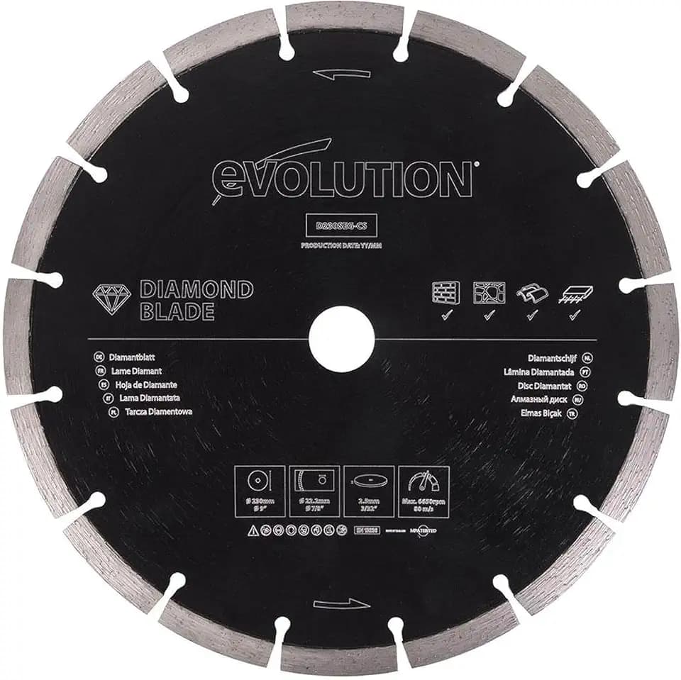 Evolution 9 Inch Diamond Blade with Segmented Edge, 7/8 in Bore, Concrete, Stone, Brick Cutting Diamond Blade, Black
