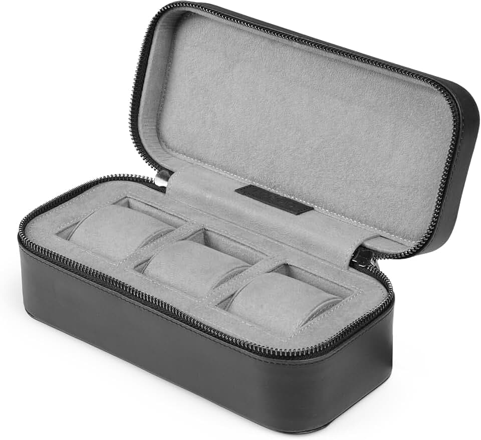 Londo Belmont Uhrenbox aus echtem Leder, stilvolle schützende, langlebige Vitrine zur Aufbewahrung von Uhren, hochwertiger Organizer für Männer und Frauen, Sammler (schwarz)