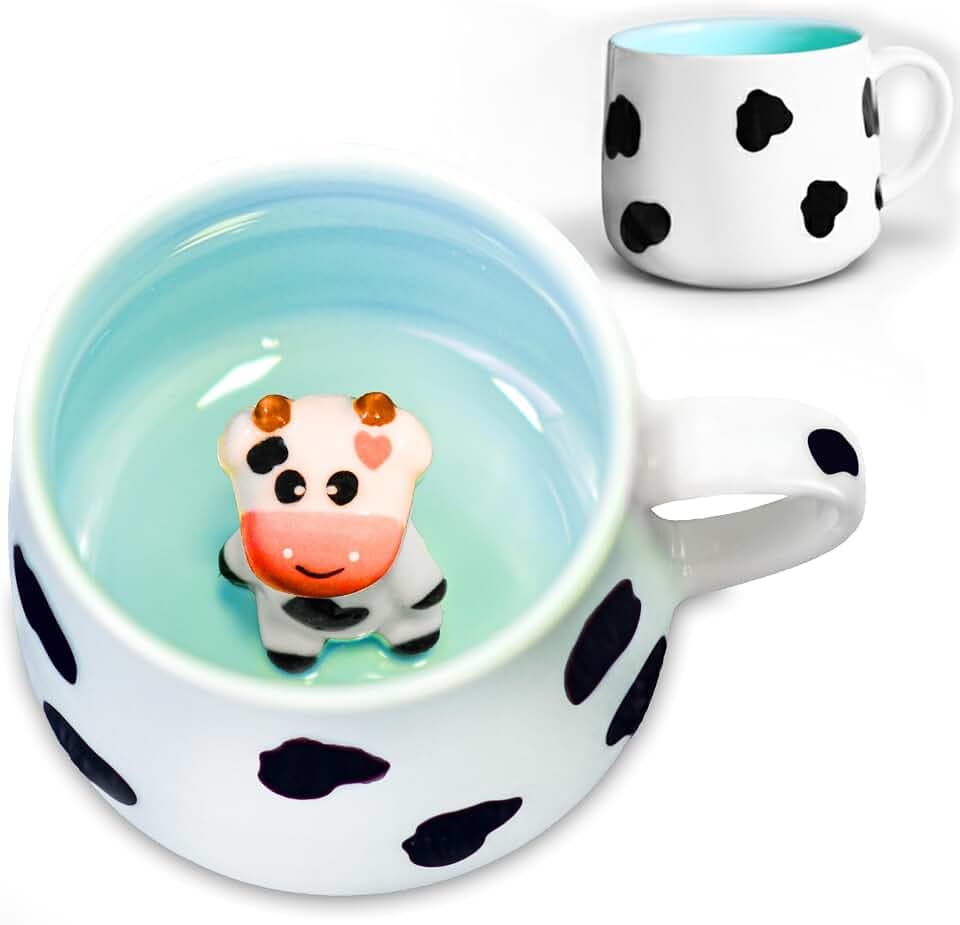 Süße 3D Kuh Tasse Lustige Tassen Tier Figur Innen Cup Mug | Coole Kuh Deko Cute Kawaii Süße Geschenke für Frauen Tante Freund als Kaffeetasse Kinder Teetassen - Cow 340ml Keramik