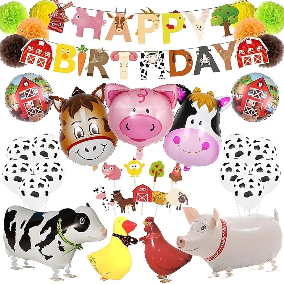 Farm Birthday Party Decorations for Kids Farm Animal Birthday Banner, Balloons, Cupcake Toppers, Farm Themed Party Supplies for Kids Birthday Baby Shower