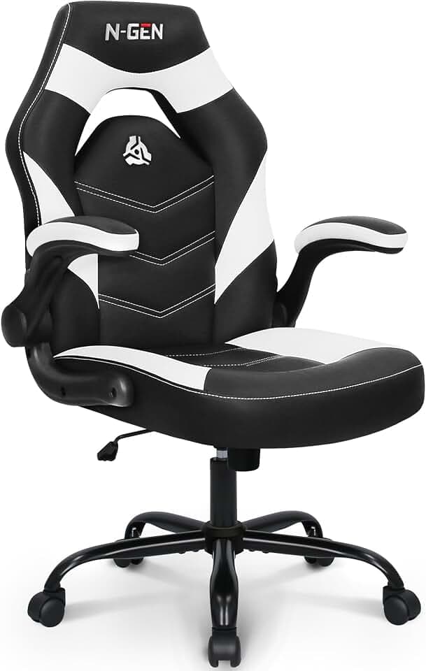 N-GEN Gaming Gaming Chair, Lumbar, PU Leather, Flip-Up Arms, White