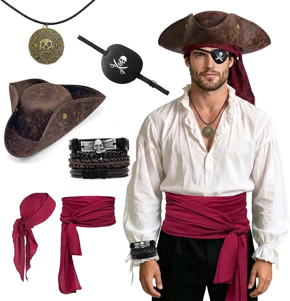 6-Piece Pirate Accessories Costume Set for Adults, Realistic Tricorn Hat