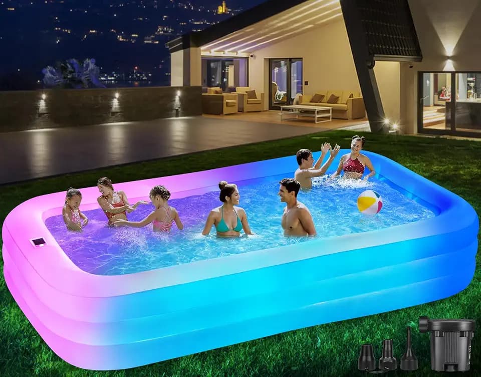 Large Solar Inflatable Pool with Lights, 130"x72"x22", Oversized Thickened Blow Up Pool with Pump, 7 Color Changed Family Swimming Pool for Backyard, Outdoor