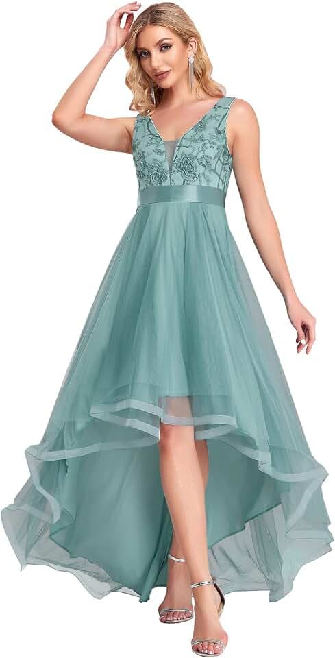 Ever-Pretty Damen V-Ausschnitt A-Linie High Low Empire Tüll Abendkleider 00793