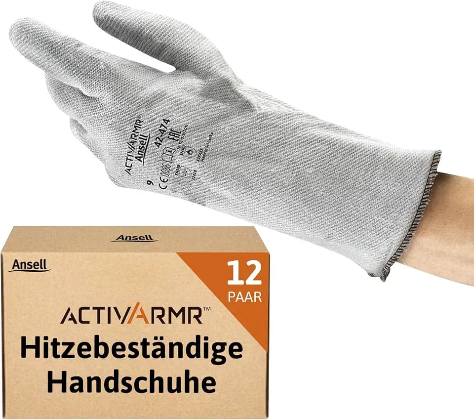 Ansell ActivArmr 42-474, Hitzeschutz Handschuh, Industrielle hitzebeständige Handschuhe, Arbeitshandschuhe mit Filz -Futter und Stulpen, Professionelle Schutz-Handschuhe, 12 Paar, Gr. M