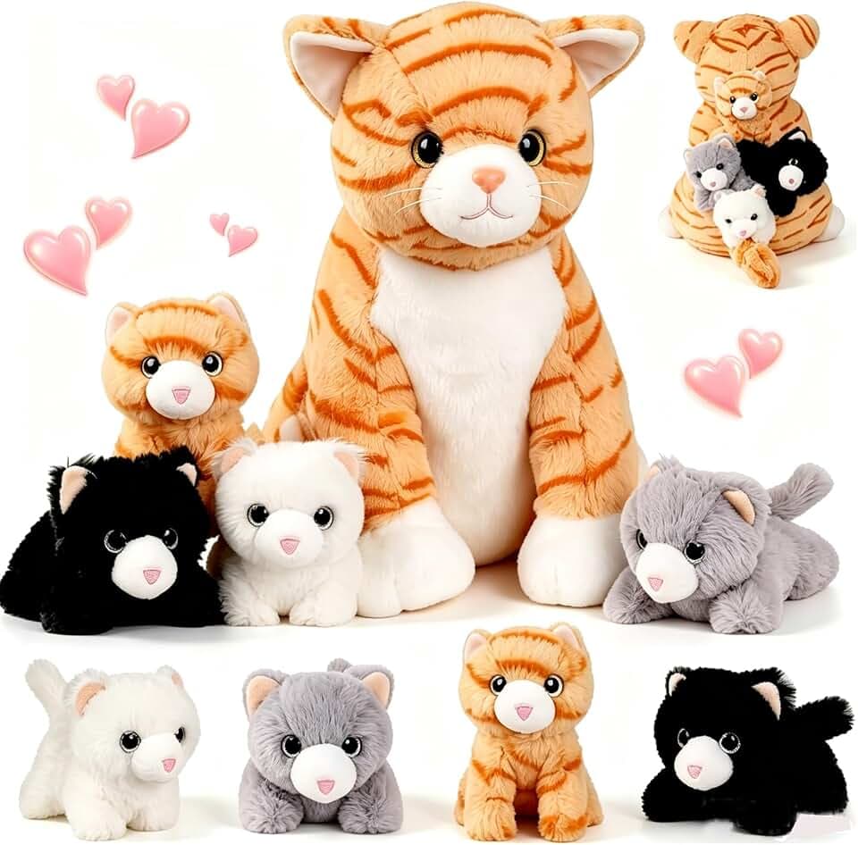 5 PCS Cat Stuffed Animal with Babies Kittens, 12" Mommy Stuffed Cat Plush Toy with 4 Baby Stuffed Kittens Inside Belly, Soft Orange Tabby Cat Plushies Gift for Kids Boys Girls Christmas Birthday