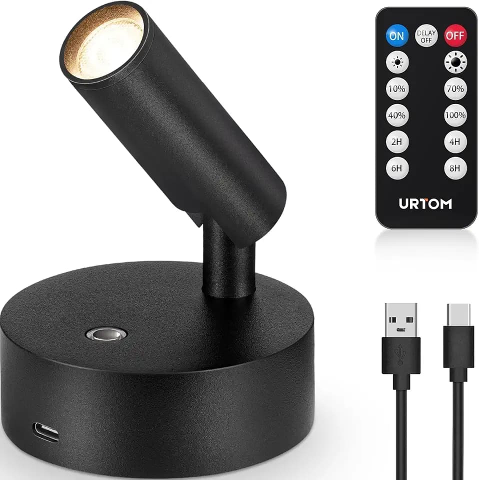 URTOM Spot Lights Indoor with Remote Rechargeable Picture Light Battery Operated Spotlight with Timer Dimmable Wireless Uplighting Indoor Display Lights Stick on Wall Light for Plant Artwork, 1 Pack