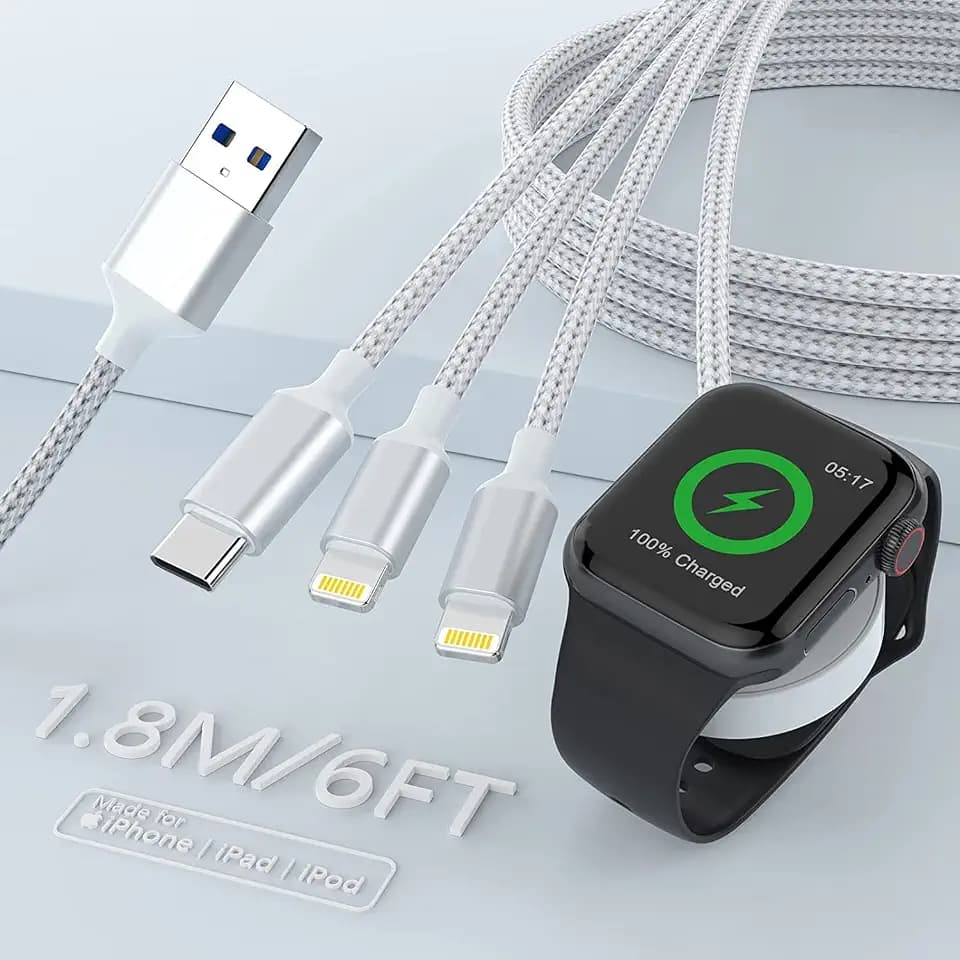 4 in 1 Ladekabel für Apple Watch/iPhone/Airpods, tragbares und Telefon Ladegerät kompatibel mit Apple Watch Series 7,6,5,4,3,2,1, Phone 13,12,11,XR,XS & Pad Series
