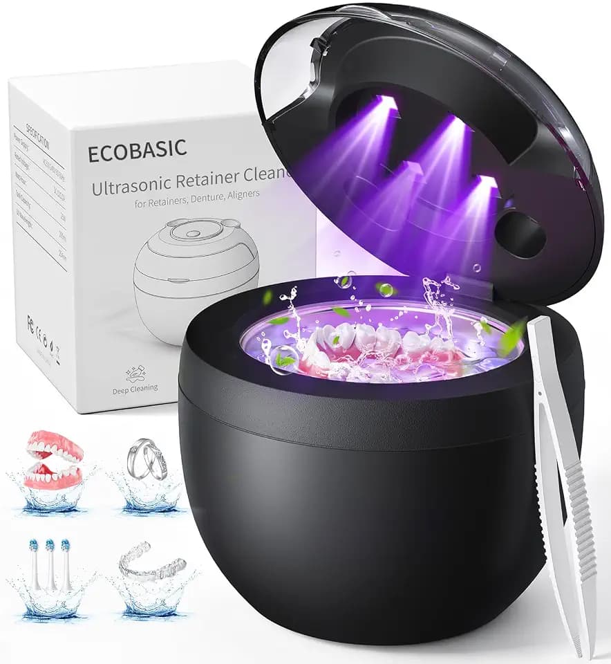 EcoBasic Ultrasonic Retainer Cleaner Machine, 45kHz Dental Cleaning Pod with UV-C Light, 200ML Denture Cleaner with 4 Modes Deep Cleaning for Retainers, Aligners, Mouth Guards, Dentures & Jewelry