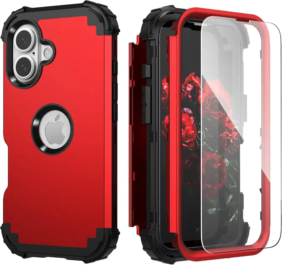IDweel for iPhone 16 Plus Case with Screen Protector, 3 in 1 Shockproof Slim Fit Hybrid Heavy Duty Hard PC Cover Soft Silicone Bumper Full Body Anti-Fingerprint Case, Red