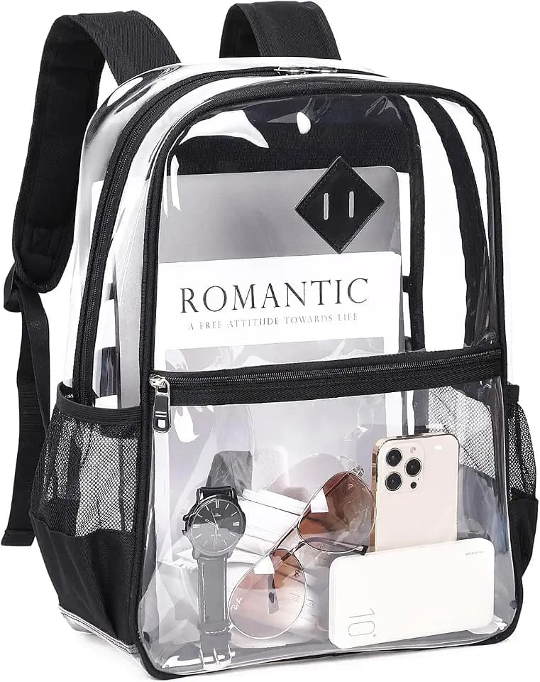 MUSEVOS Clear Backpack Stadium Approved, Heavy Duty See Through Book Bag, Black Transparent