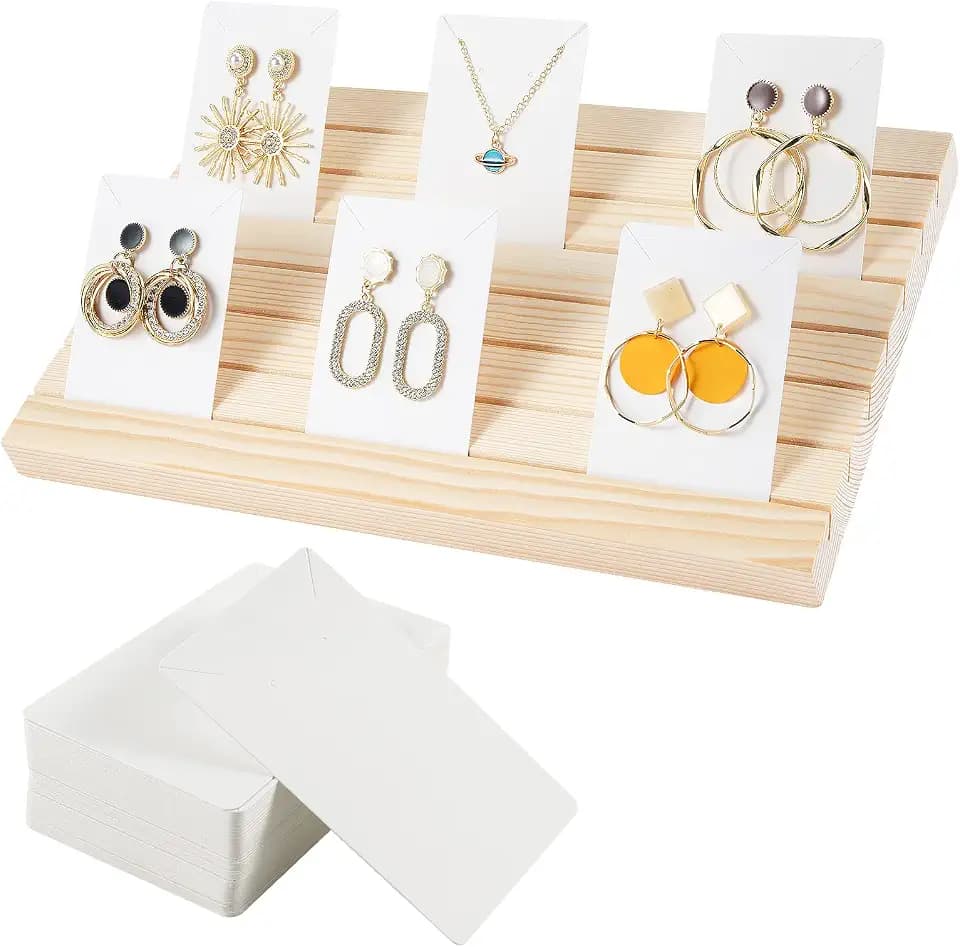 Wooden Earring Display Stand - Portable Holder with 2 Detachable Pegs + 200pcs Cardboard for Selling Earrings & Jewelry Show Business Card Holder (Wood Color)