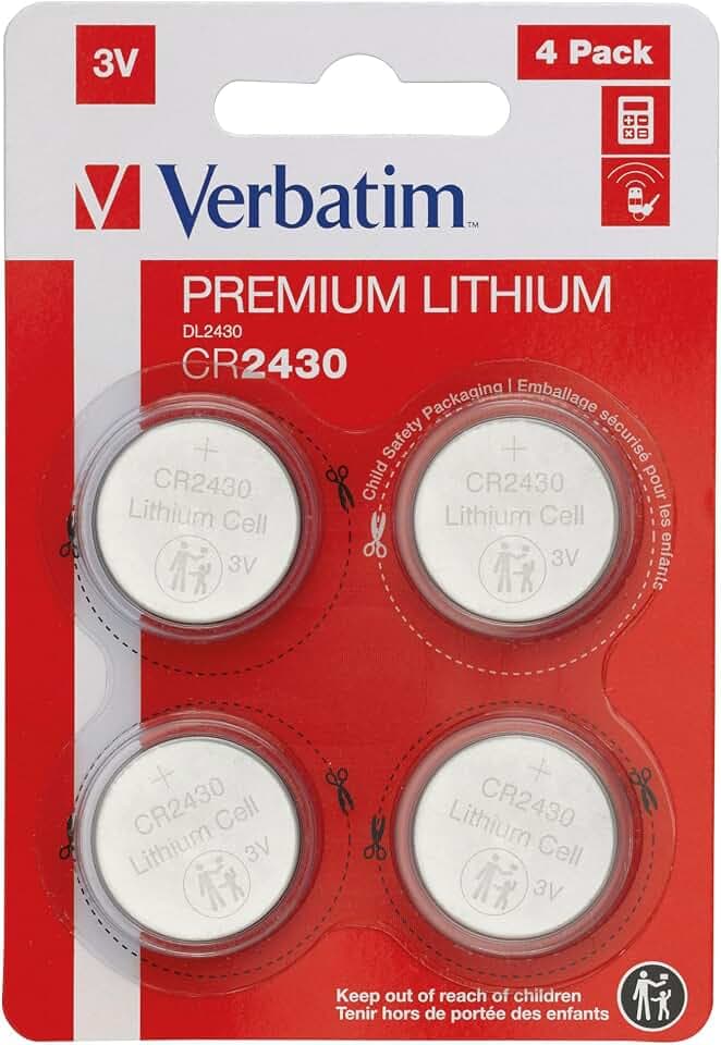 Verbatim Premium Lithium Knopfzellen CR2430 4-er Pack 3V 290mAh, Lithium-Knopfzellen-Batterien für Uhr Autoschlüssel Fernbedienung Kamera Spielzeug & Co, Knopfbatterie Lithiumbatterie