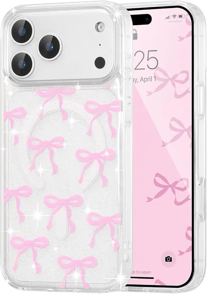 UEEBAI Magnetic for iPhone 17 Pro Max, Glitter Bow Case Compatible with MagSafe, Wireless Slim Sparkly Clear Aesthetic Phone Cover Anti-Yellowing Protective Cover for Women Girl - Pink