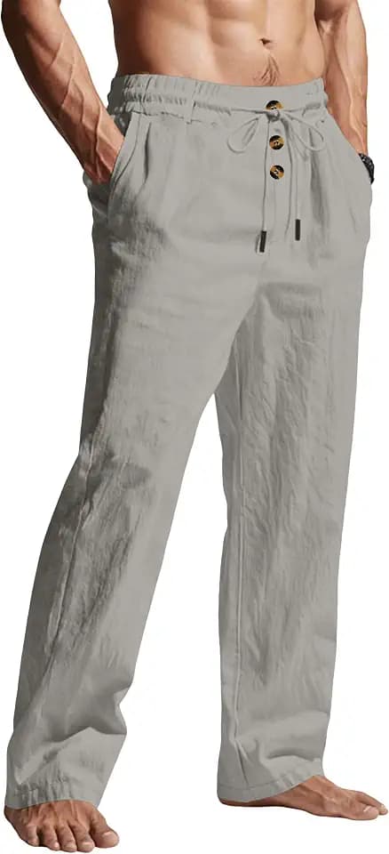 Men's Casual Linen Pants Elastic Waist Drawstring Summer Beach Lightweight Trouser with Pockets
