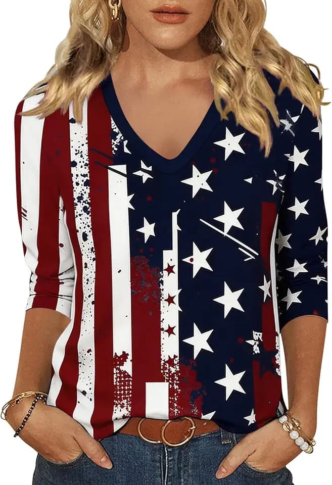 American Flag 3/4 Sleeve V Neck Shirt for Women 4th of July Independence Day Graphic Long Sleeve Tee Summer Patriotic Tops