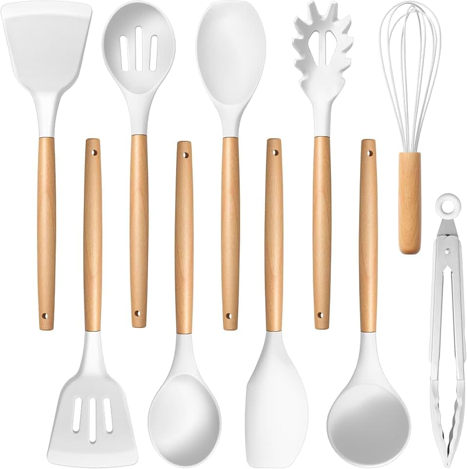 E-far Silicone Cooking Utensils Set with Heat Resistant Wood Handle, 10PCS