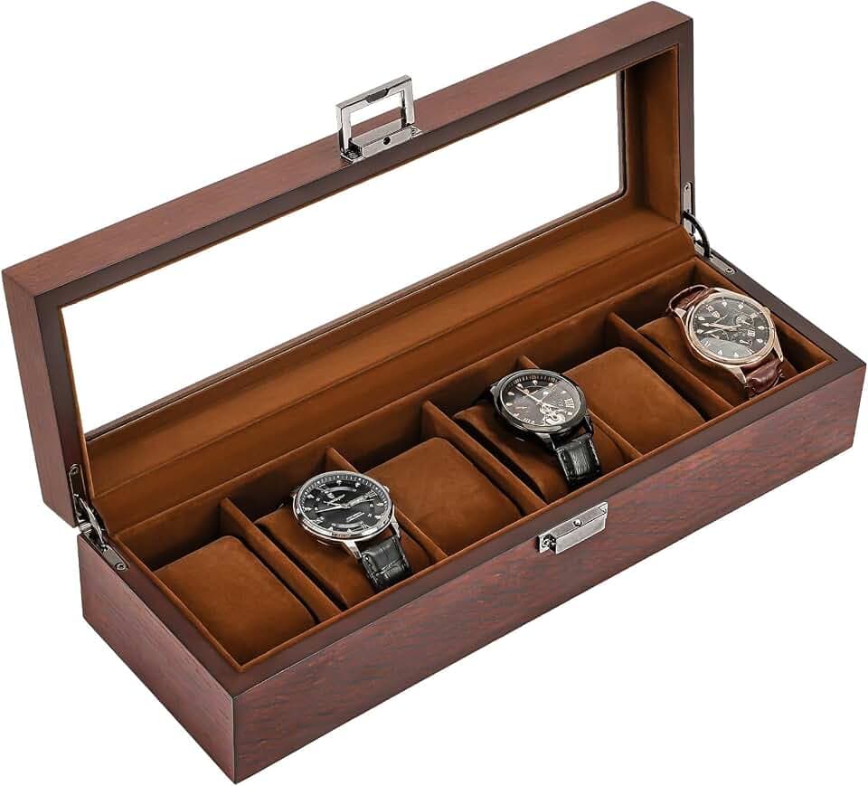 ProCase Uhrenbox mit 6 Fächern, hölzerne Uhrenkasten mit Glasdeckel, Uhrenkoffer mit Uhrenkissen, Uhrenaufbewahrung Watch Box für Herren Uhrenorganizer mit Glasdeckel - Espresso