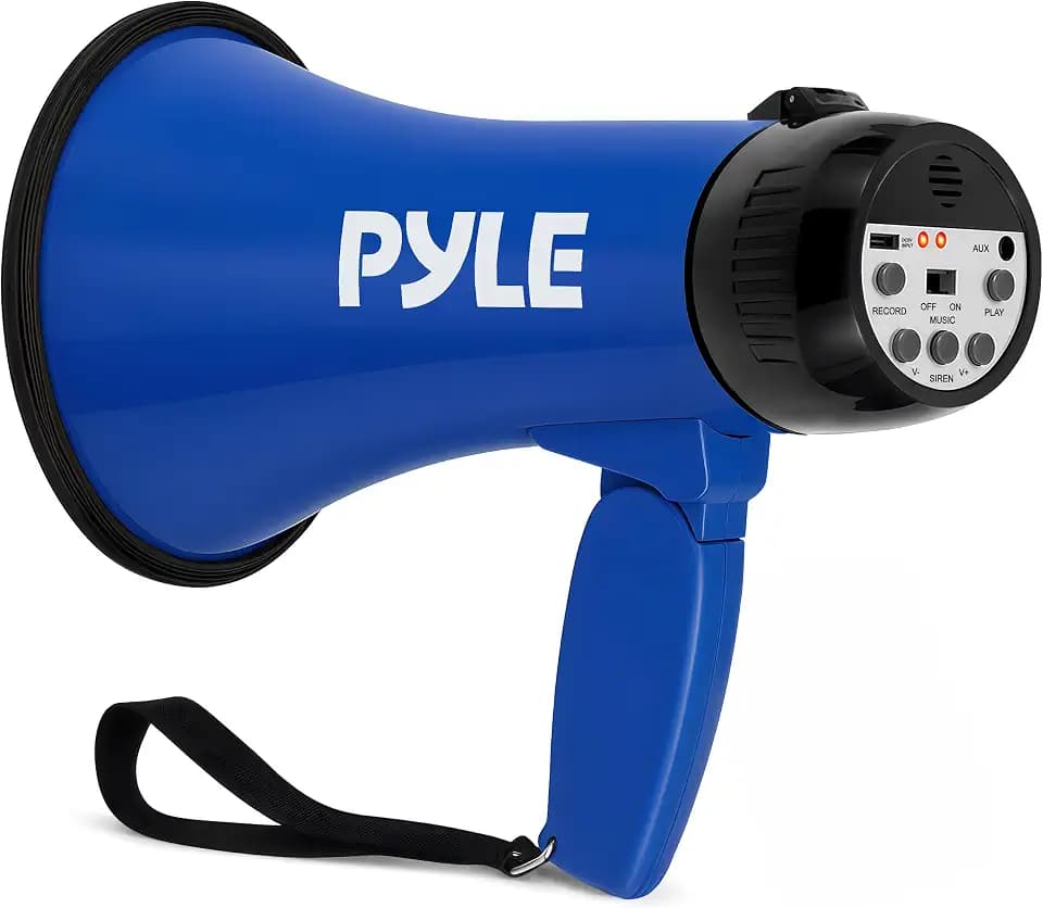 Pyle Rechargeable Bullhorn Megaphone with Voice Recording, AUX Input & Siren, USB-C Fast Charging, 1200-Yard Voice Range for Sports Coaching, Events & Crowd Control