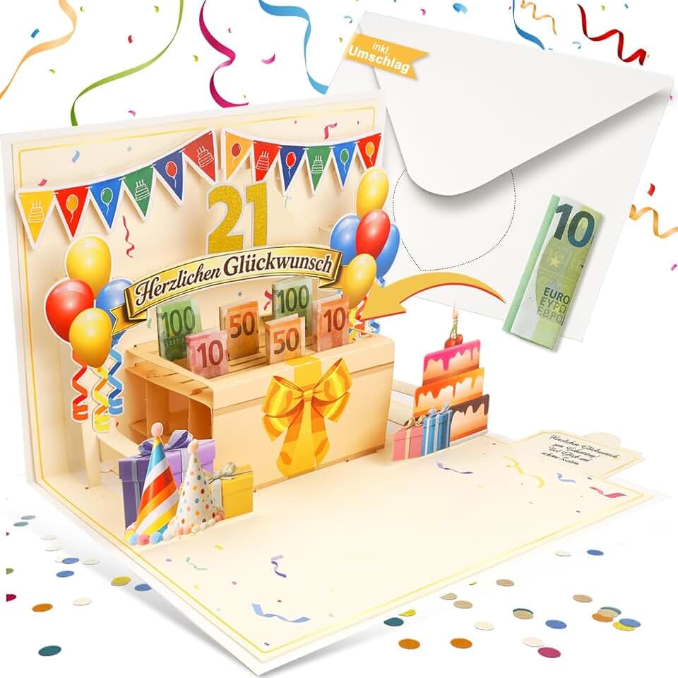 21. Geburtstagskarte Geldgeschenk, Geburtstagsgeschenke für 21-jähriges Mädchen und Jungen, Pop Up Geldkarte, 3D Geldgeschenk Karte, personalisierte Glückwunschkarte, Geburtstags Geld Ideen