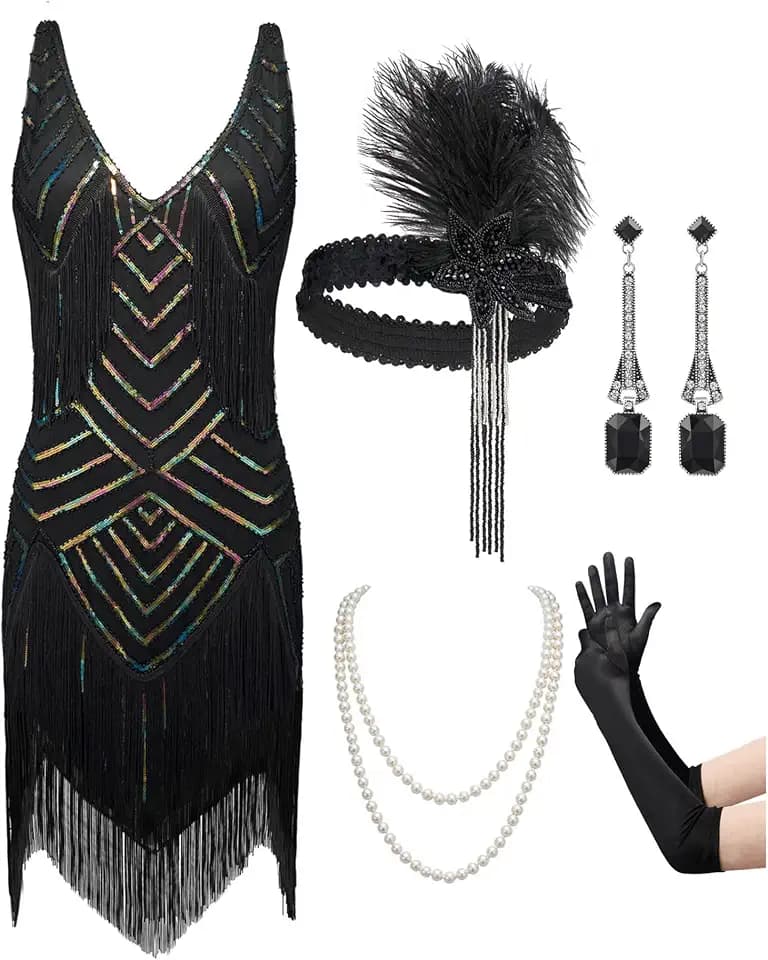 SWEETV Womens 1920s Flapper Dress,V Neck Great Gatsby Fringe Cocktail Dress with 20s Accessories Set-Roaring 20s Costume