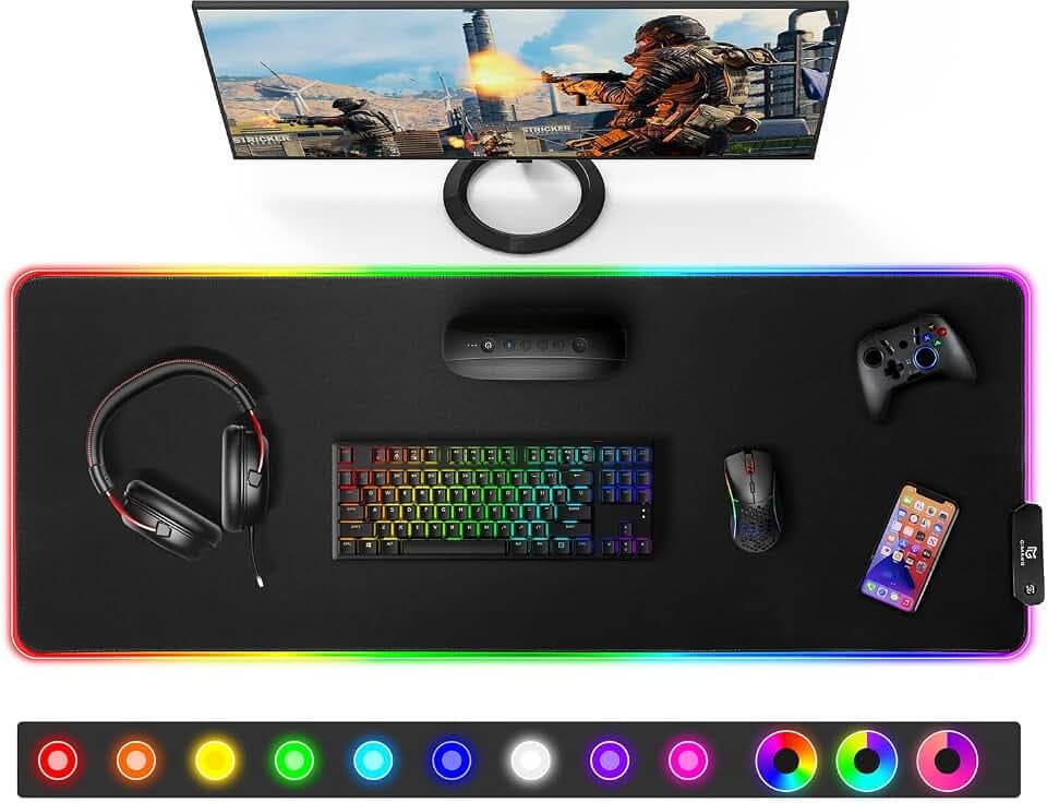 Gimars Gaming Mauspad, 12 LED Beleuchtungsmodi RGB Mousepad XXL, 800x300x5mm, Groß Desk Mat Gaming Zubehör mit wasserdichte Oberfläche, 5mm Rutschfester Gummifuß für PC Tastatur