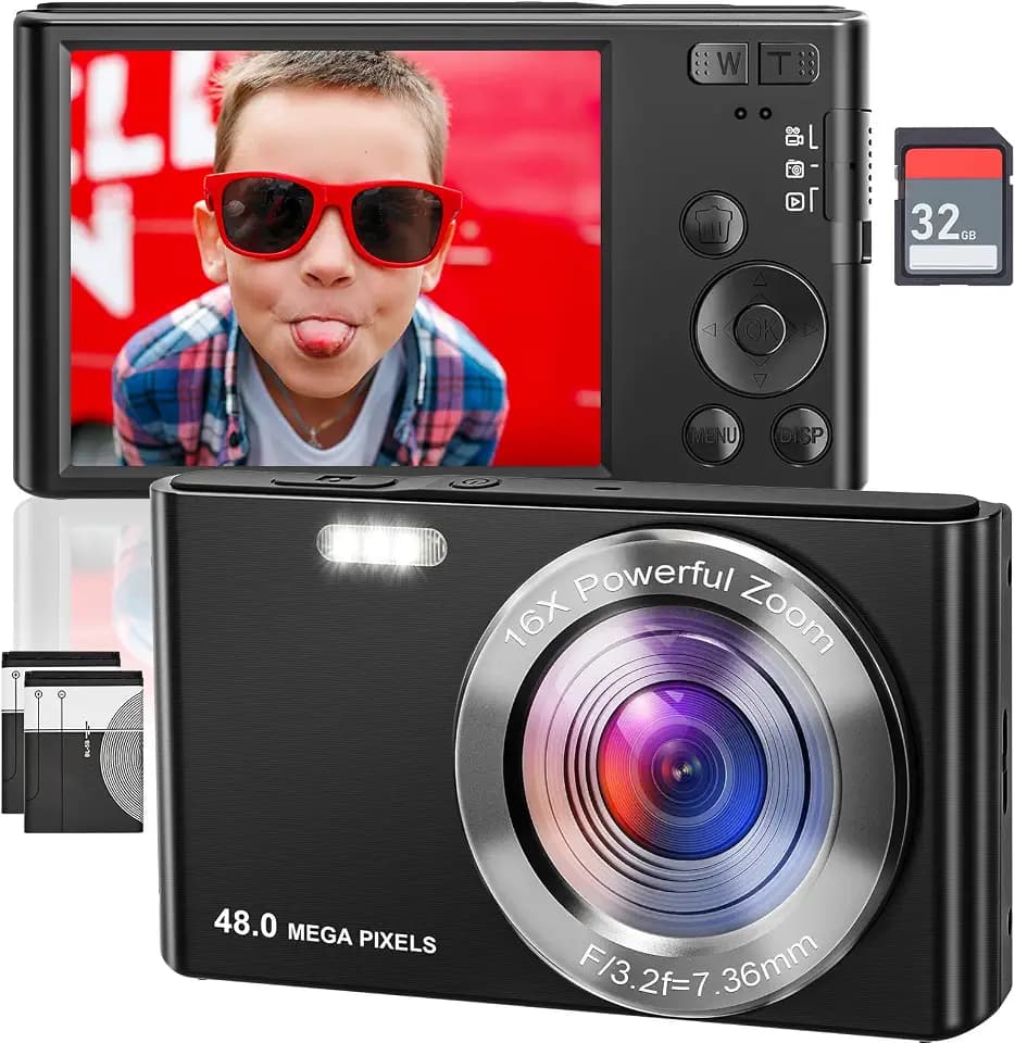 Digitalkamera Autofocus Fotokamera 48MP 4K Fotoapparat mit 32GB SD-Karte 16X Digitalzoom Kompaktkamera für Teenager Anfänger Erwachsene (2 Batterien)