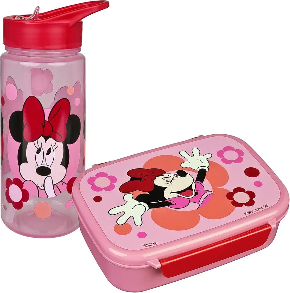 Scooli - Minnie Mouse Kindergeschirr Geschenkset - Set bestehend aus Brotdose und Trinkflasche - ideal für Schule oder Kindergarten – ab 4 Jahren – aus Kunststoff