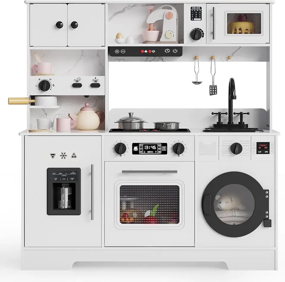 Play Kitchen for Toddlers,Wooden 8-in-1 Kids Play Kitchen Set with Lights & Sounds, 11 Play Accessories & Storage, Realistic Pretend Cooking Playset for Toddlers Ages 3+,Ideal Gift for Boys & Girls