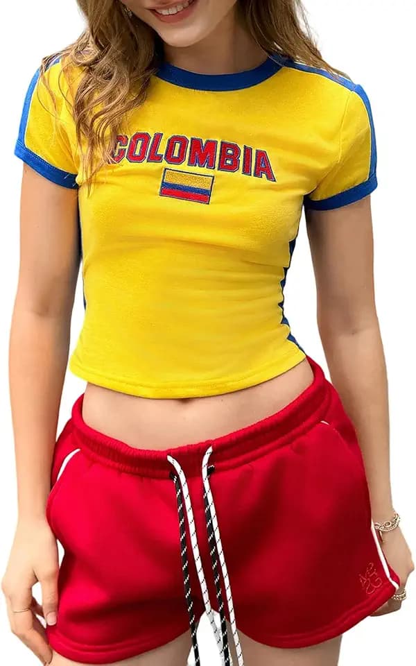SHENHE Women's Brazil Shirt Crop Top Crewneck Vintage Short Sleeve Tops Y2K Graphic Baby Tee Jersey Shirt