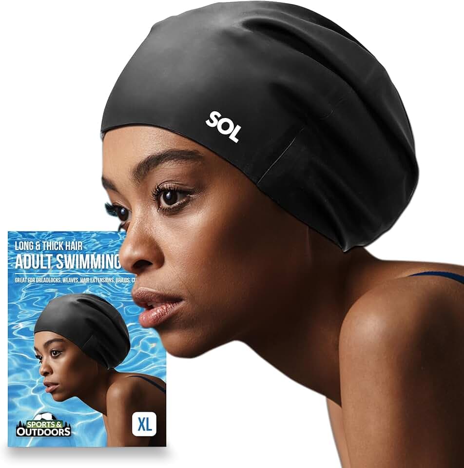SOL Badekappe für Erwachsene, XL, für langes Haar, wasserdicht, Silikon, Schwarz, Unisex-Erwachsene, Damen, Herren