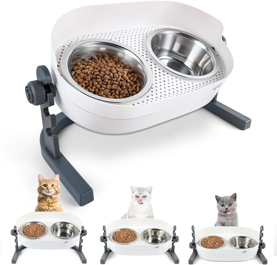 All for Paws Height Adjustable Cat Elevated Bowls Stainless Steel Dog Food Water Bowls, Height Adjustable Cat Feeder Mess Proof Pet Feeding Bowls for Small to Large Size Cats