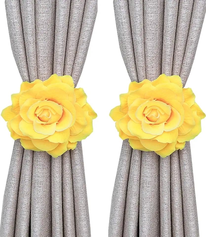 Curtain Tiebacks, Rose Magnetic Curtain Holders，Elegant 2 Pack Decorative Rope Holdback Holder, Home Decor Thin or Sheer Window Drapries Bed Canopy (Yellow)