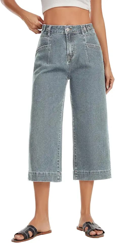 Metietila Capri Jeans for Women Mid Rise Trendy Baggy Stretchy Straight Wide Leg Cropped Denim Jeans Pants with Pockets