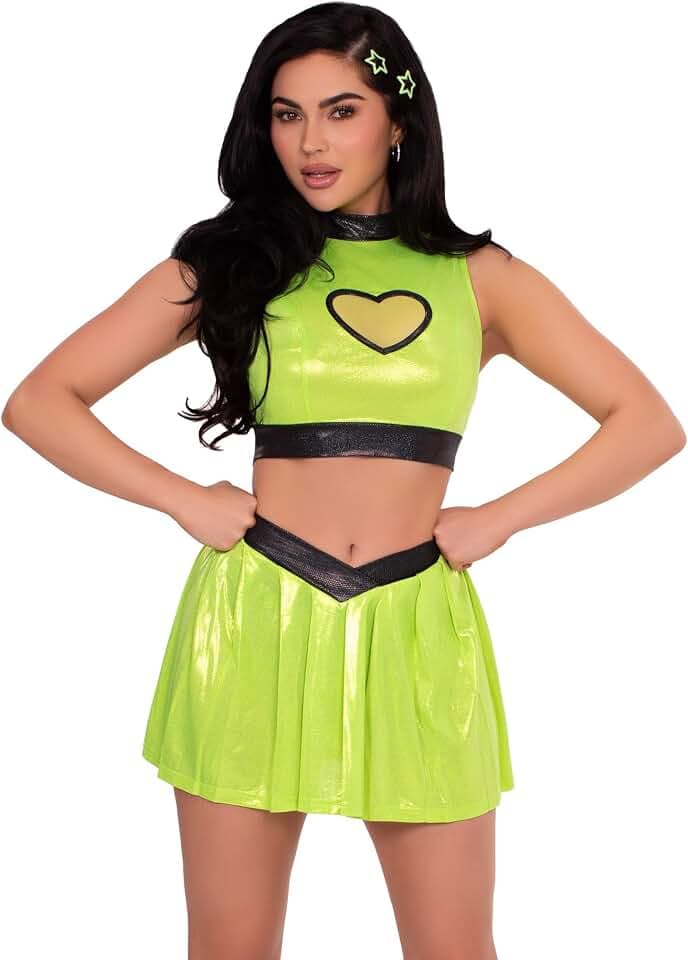Powered-Up Cuties Trio Group Costume Includes Shimmer Crop Top With Mesh Heart Panel, V-front Skirt, and Hair Accessory