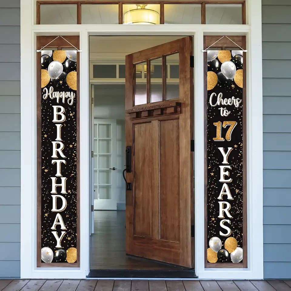 Happy 17th Birthday Decorations,17th Black & Gold Balloon Birthday Theme Door Hanging Banner Sign - Cheers to Seventeen Years Old Bday Party Supplies.