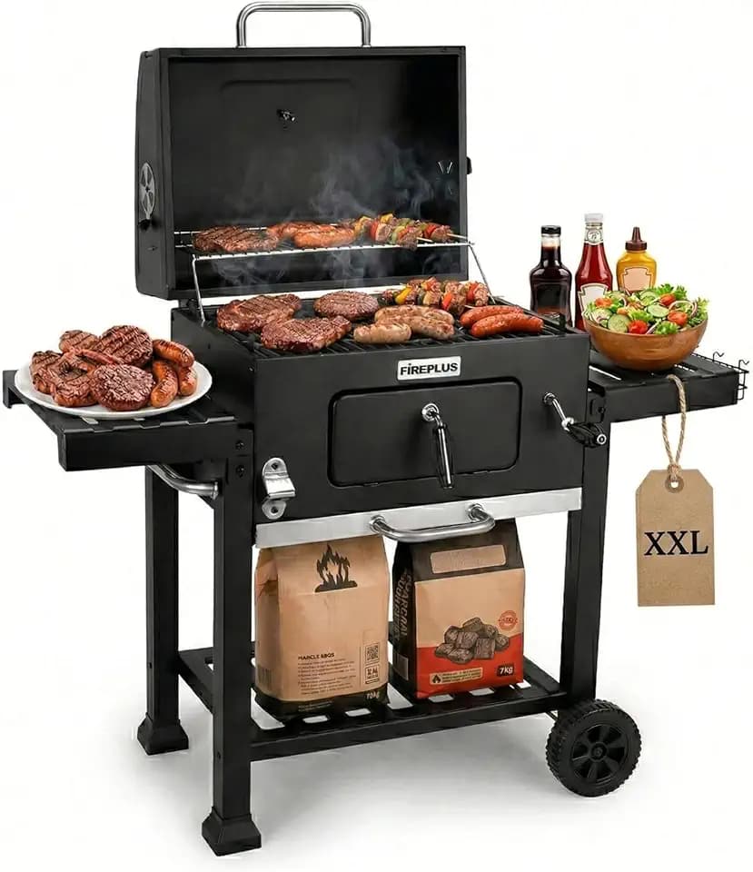 Amig - Holzkohlegrill XXL - Fireplus Tragbarer Barbacue - Grill mit Rädern und Seitenablagen - Belüftungssystem und Aschebehälter - Stahlgrill 57 x 42 cm - Maße: 116 x 131 x 56 cm