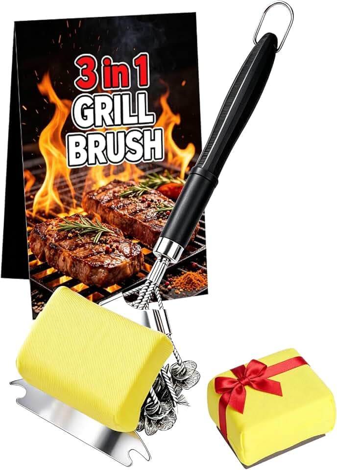 3-in-1 Bristle-Free Grill Brush & Scraper with Safety Sponge, 18" Detachable Long Handle BBQ Cleaner for Heavy Duty Grime, Summer BBQ & Outdoor Party Essential (Black)