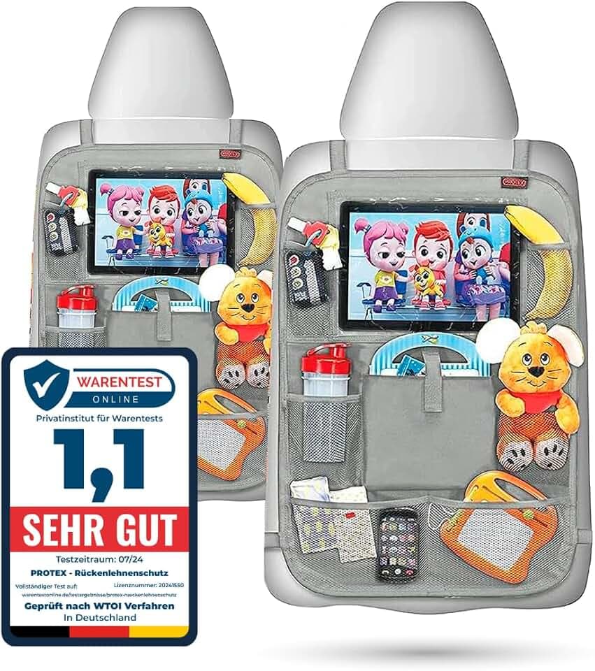 PROTEX | Premium [2er Set] Rückenlehnenschutz Auto–Auto Rücksitz Organizer [Oxford 600D] –wasserabweisender Rücksitzschoner mit 12 Zoll Tablet & iPad Fach (Grau)