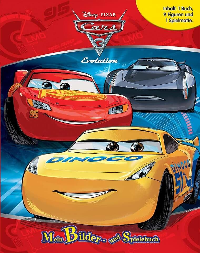 Disney / Pixar Cars 3 Evolution Mein Bilder- und Spielebuch - Spiel- und Beschäftigungsbuch, 10-seitiges Buch, 9 Spielfiguren, 1 Spielmatte