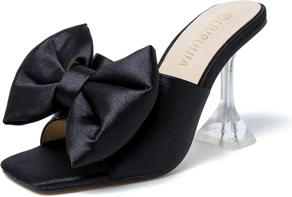 LIURUIJIA Women's Satin Bow Mule Heels, Dressy Heeled Sandals, Square Open Toe Slip On Mules for Party, Wedding, Evening, Date Night, 3.5Inch
