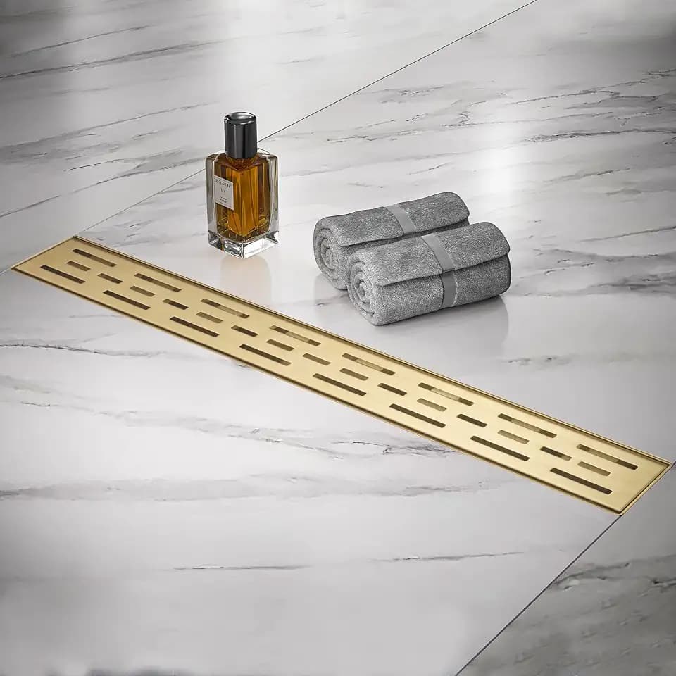 Linear Shower Drain, Brushed Gold Shower Drain 28 Inch with Removable Grate, SUS-304 Stainless Steel Rectangle Floor Drain with Leveling Feet and Hair Strainer, Bathroom Modern Drain SD-101
