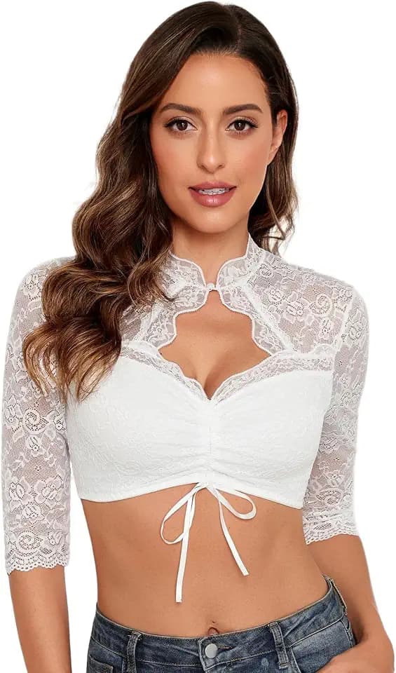 Zeagoo Dirndl Bluse Damen Spitze 3/4 Arm Dirndlbluse für Oktoberfest